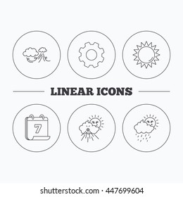 Weather, strong wind and rainy day icons. Sun linear sign. Flat cogwheel and calendar symbols. Linear icons in circle buttons. Vector