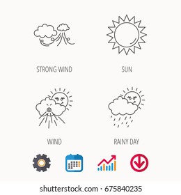 Weather, strong wind and rainy day icons. Sun linear sign. Calendar, Graph chart and Cogwheel signs. Download colored web icon. Vector