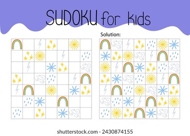 Weather sudoku educational game leisure activity worksheet vector illustration, printable grid to fill in missing images, nature environment topical vocabulary, puzzle with solution, teacher resources