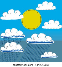 Weather, the sun in the blue sky, white clouds, clouds with rain. Illustrated weather in the sky, sun, clouds, clouds, rain. Different weather conditions in the sky.