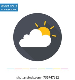 Weather - sun and cloud flat icon with long shadow. Vector Illustration.