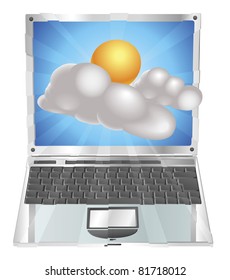 Weather sun and cloud icon coming out of laptop screen concept