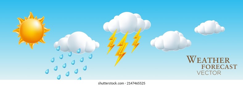 Weather, sun, cloud, lightning, rain cartoon vector