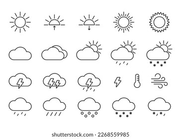 Weather sun and cloud, line icon set. Environment sunshine, thunder, storm, wind, snow cloud. Vector simple sign