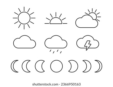 Weather sun, cloud and moon line icon set. Environment sunshine, thunder, cloud. Vector outline sign