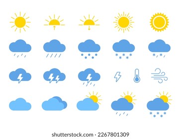 Weather sun, cloud, rain, icon set. Environment sunshine, thunder, storm, wind, snow cloud. Vector simple sign