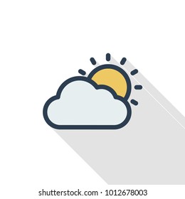 weather, Sun and cloud thin line flat color icon. Linear vector illustration. Pictogram isolated on white background. Colorful long shadow design.