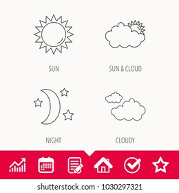 Weather, sun and cloudy icons. Moon night linear sign. Edit document, Calendar and Graph chart signs. Star, Check and House web icons. Vector