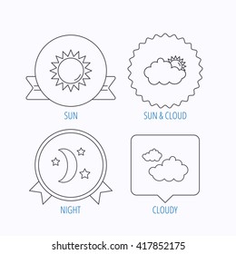 Weather, sun and cloudy icons. Moon night linear sign. Award medal, star label and speech bubble designs. Vector