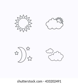 Weather, sun and cloudy icons. Moon night linear sign. Flat linear icons on white background. Vector