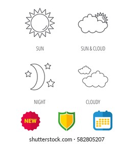 Weather, sun and cloudy icons. Moon night linear sign. Shield protection, calendar and new tag web icons. Vector
