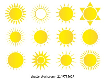 Wettersonne Symbol. Sun-Icon-Set. Gelber Sonnenstern. Sommerelemente für Design. Vektorgrafik