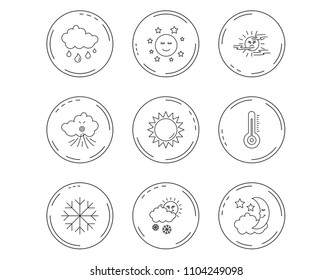 Weather, sun and rain icons. Moon night, clouds and mist linear signs. Wind and snowflakes flat line icons. Linear Circles web buttons with icons. Vector