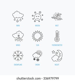 Weather, sun and rain icons. Moon night, clouds and mist linear signs. Wind and snowflakes flat line icons. Linear set icons on white background.