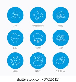 Weather, sun and rain icons. Moon night, clouds and mist linear signs. Wind, cloudy day and water drops flat line icons. Blue circle buttons set. Linear icons.