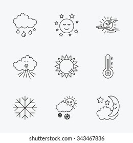 Weather, sun and rain icons. Moon night, clouds and mist linear signs. Wind and snowflakes flat line icons. Linear black icons on white background.