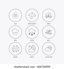 Weather, sun and rain icons. Moon night, clouds and mist linear signs. Wind, cloudy day and water drops flat line icons. Linear colored in circle edge icons.