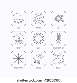 Weather, sun and rain icons. Moon night, clouds and mist linear signs. Wind and snowflakes flat line icons. Flat linear icons in squares on white background. Vector