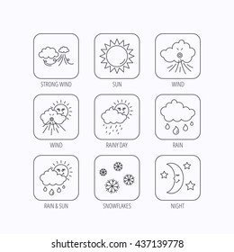Weather, sun and rain icons. Moon night, clouds linear signs. Strong wind, snowflakes and water drops flat line icons. Flat linear icons in squares on white background. Vector