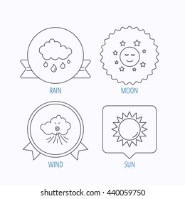 Weather, sun and rain icons. Moon night and wind linear signs. Award medal, star label and speech bubble designs. Vector