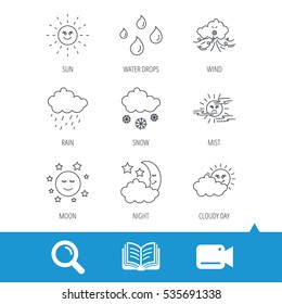 Weather, sun and rain icons. Moon night, clouds and mist linear signs. Wind, cloudy day and water drops flat line icons. Video cam, book and magnifier search icons. Vector