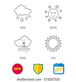Weather, sun and rain icons. Moon night and wind linear signs. Shield protection, calendar and new tag web icons. Vector