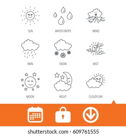 Weather, sun and rain icons. Moon night, clouds and mist linear signs. Wind, cloudy day and water drops flat line icons. Download arrow, locker and calendar web icons. Vector