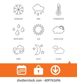 Weather, sun and rain icons. Moon night, clouds and water drops linear signs. Wind, snowflakes and thermometer flat line icons. Download arrow, locker and calendar web icons. Vector