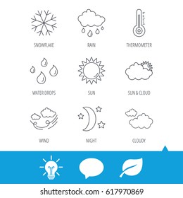 Weather, sun and rain icons. Moon night, clouds and water drops linear signs. Wind, snowflakes and thermometer flat line icons. Light bulb, speech bubble and leaf web icons. Vector