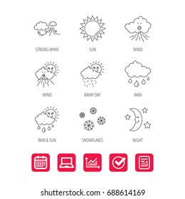 Weather, sun and rain icons. Moon night, clouds linear signs. Strong wind, snowflakes and water drops flat line icons. Report document, Graph chart and Calendar signs. Laptop and Check web icons