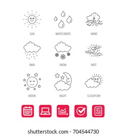 Weather, sun and rain icons. Moon night, clouds and mist linear signs. Wind, cloudy day and water drops flat line icons. Report document, Graph chart and Calendar signs. Laptop and Check web icons
