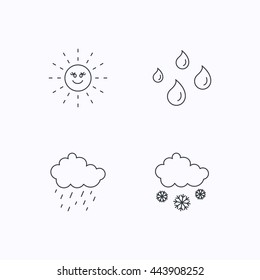 Weather, sun and rain icons. Snow linear sign. Flat linear icons on white background. Vector