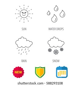 Weather, sun and rain icons. Snow linear sign. Shield protection, calendar and new tag web icons. Vector