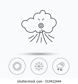 Weather, sun and snow icons. Wind and snowflake linear signs. Linear icons in circle buttons. Flat web symbols. Vector