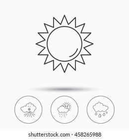 Weather, sun and wind icons. Rainy day linear sign. Linear icons in circle buttons. Flat web symbols. Vector