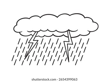 Símbolo de tempo, chuva forte e trovão. Ilustração vetorial isolada no plano de fundo branco, eps
