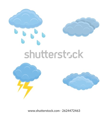 Weather symbol icons set cartoon vector. Gray cloud with rain and thunderstorm. Meteorology, weather condition
