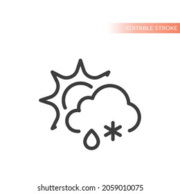 Weather symbol with sun, snow, cloud and rain. Outline icon, editable stroke.
