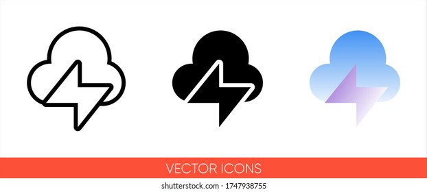 Símbolo del clima trueno o tormenta de lluvia con un icono de signo de relámpago de 3 tipos: color, blanco y negro, contorno. Símbolo vectorial aislado.