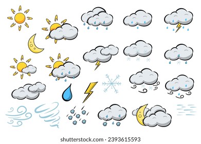 Weather symbols mega set in flat design. Bundle elements of sun, moon, clouds with rain, lightnings, snow, wind, thunderstorm, cute meteorology pictograms. Vector illustration isolated graphic objects