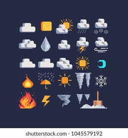 Weather symbols pixel art 80s style web icons set, rain, clouds, drizzle, wind, snow, night, day, thunderstorm, fire and sun. Design for mobile app, sticker, logo. Isolated vector illustration.