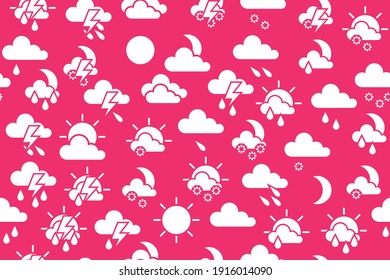 WEATHER SYMBOLS seamless PATTERN. Repetitive VECTOR illustration of flat white weather icons on red background. Weather, climate, season, meteorology. EPS10.