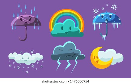 Weather Symbols Set, Forecast Meteorology Childish Signs Vector Illustration