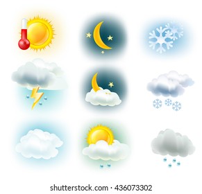 weather symbols. Sun, clouds, moon, rain, snow and thermometer icons. vector illustration