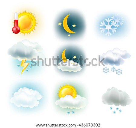 weather symbols. Sun, clouds, moon, rain, snow and thermometer icons. vector illustration
