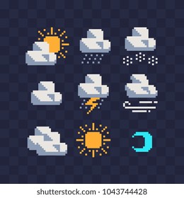 Weather symbols web icons pixel art set. Contains such icon as rain, clouds, drizzle, wind, snow, night, thunderstorm and sun. Design for mobile app, sticker, logo. Isolated vector illustration.