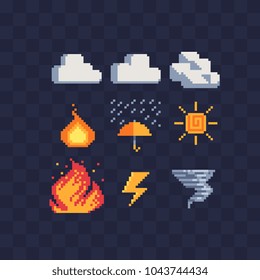 Weather symbols web icons pixel art set, fire, rain, thunderstorm, tornado, clouds and sun. Element design for mobile app, sticker, logo. Game assets. Isolated vector illustration.