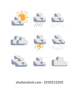 Weather symbols web icons pixel art set, humidity, snow, rain, clouds, cloud cover and sun. Design for mobile app, sticker, logo. Game assets 8-bit. Isolated vector.