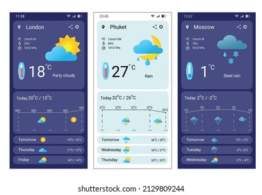 Weather . Temperature mobile app and web interface, sun and rain forecast. Vector metrology page