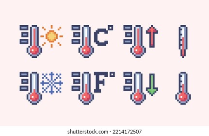 Weather temperature symbols pixel art set. Thermostat, cold and hot collection. Meteorology signs 8 bit sprite. Game development, mobile app. Isolated vector illustration.